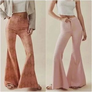 Free People Throw It Back Reversible Flare Jeans in Pink Brown Paisley Print